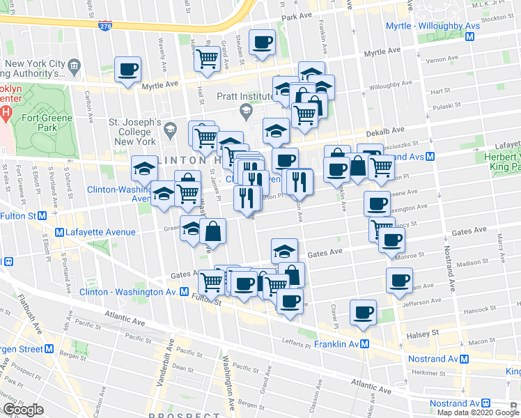 map of restaurants, bars, coffee shops, grocery stores, and more near 247 Greene Avenue in Brooklyn