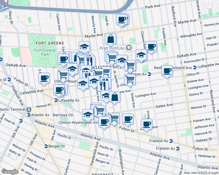 map of restaurants, bars, coffee shops, grocery stores, and more near 255 Lafayette Avenue in Brooklyn