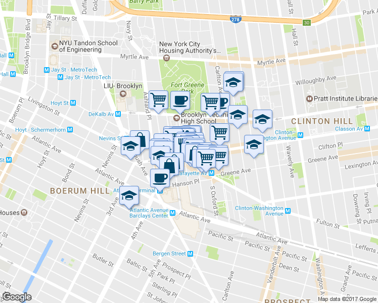 map of restaurants, bars, coffee shops, grocery stores, and more near 75 South Elliott Place in Brooklyn