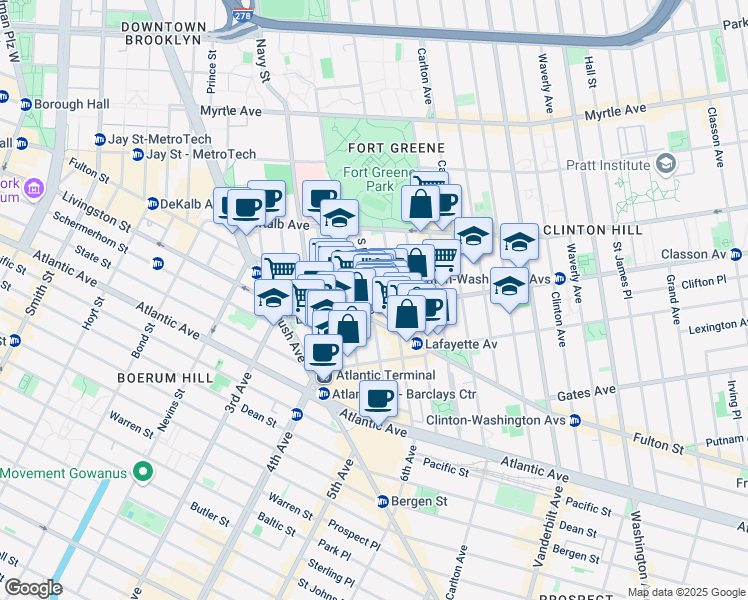 map of restaurants, bars, coffee shops, grocery stores, and more near 75 South Elliott Place in Brooklyn