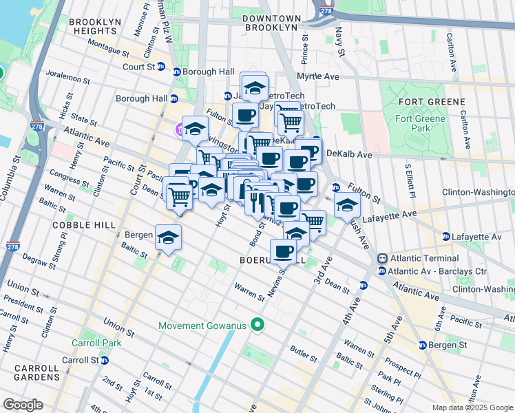 map of restaurants, bars, coffee shops, grocery stores, and more near 367 Atlantic Avenue in Brooklyn