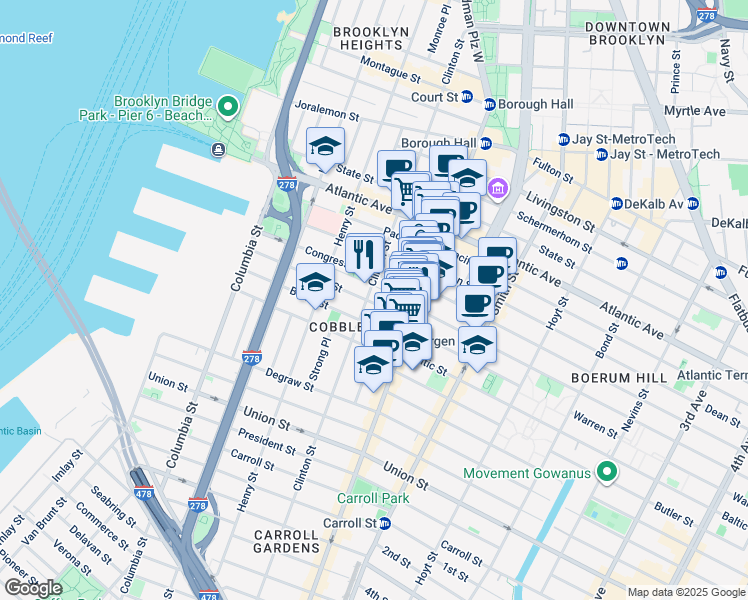 map of restaurants, bars, coffee shops, grocery stores, and more near 205 Warren Street in Brooklyn