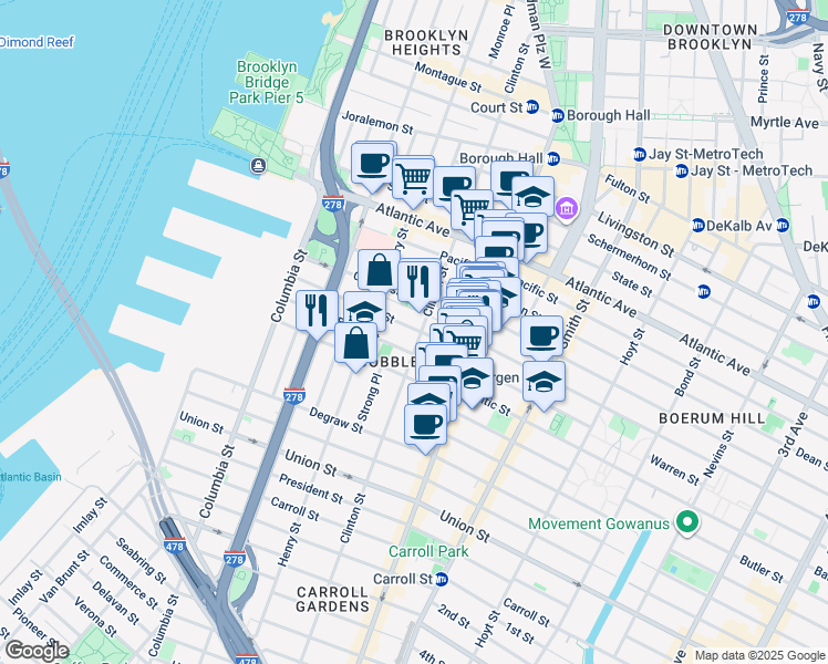 map of restaurants, bars, coffee shops, grocery stores, and more near 198 Warren Street in Brooklyn