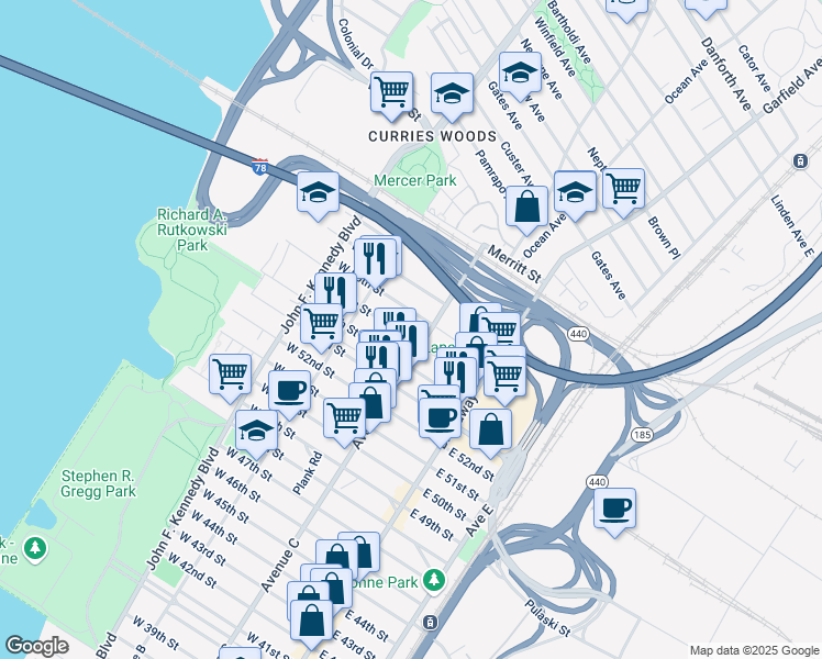 map of restaurants, bars, coffee shops, grocery stores, and more near 79 West 55th Street in Bayonne