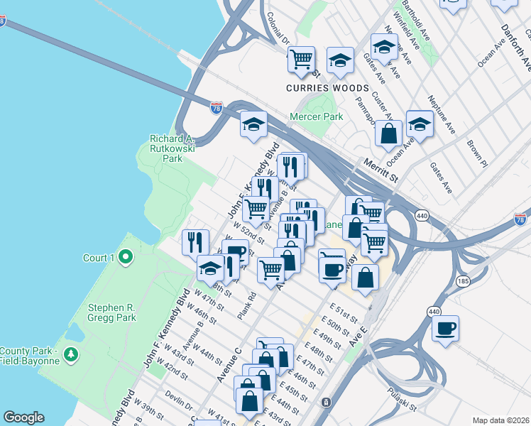 map of restaurants, bars, coffee shops, grocery stores, and more near 127 West 53rd Street in Bayonne