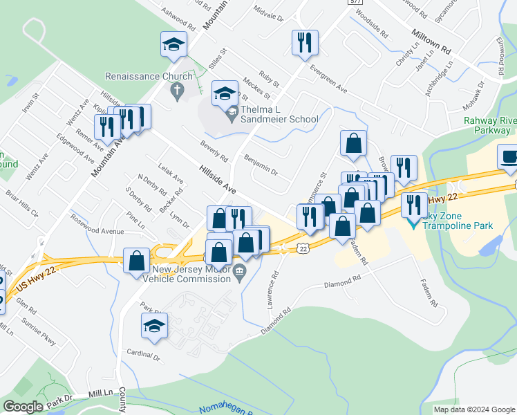 map of restaurants, bars, coffee shops, grocery stores, and more near 77 Hillside Avenue in Springfield