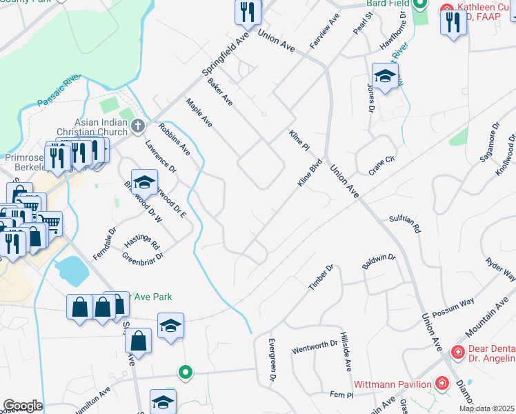 map of restaurants, bars, coffee shops, grocery stores, and more near 103 Kline Boulevard in Berkeley Heights