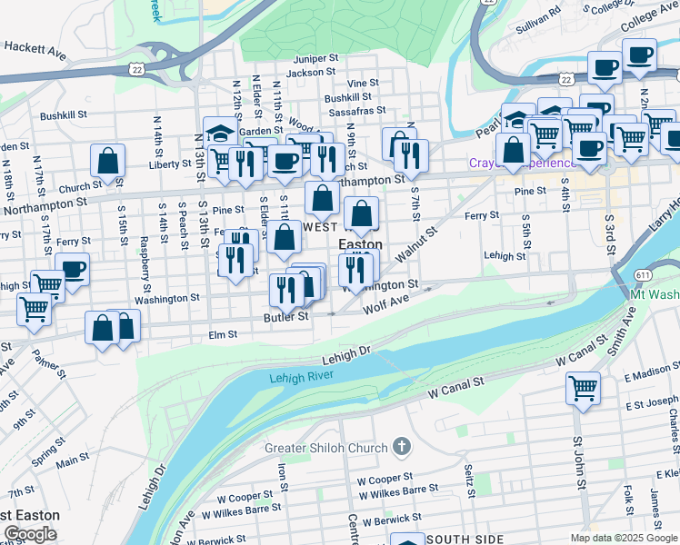 map of restaurants, bars, coffee shops, grocery stores, and more near 936 Lehigh Street in Easton