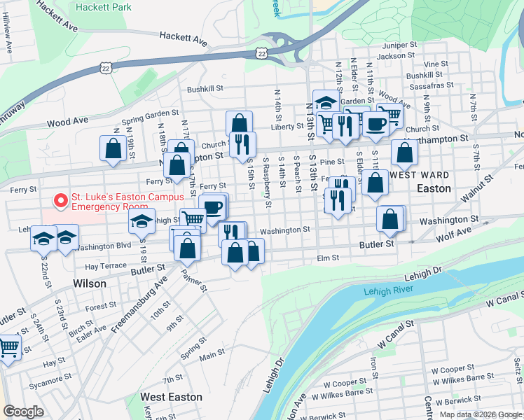 map of restaurants, bars, coffee shops, grocery stores, and more near 1437 Lehigh Street in Easton