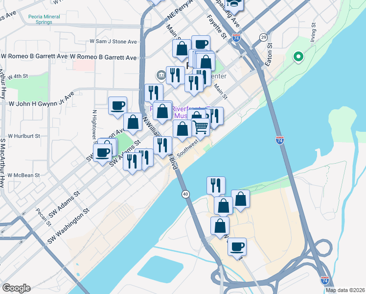 map of restaurants, bars, coffee shops, grocery stores, and more near 401 Southwest Water Street in Peoria