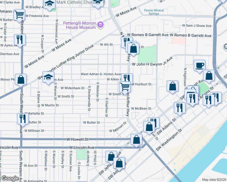 map of restaurants, bars, coffee shops, grocery stores, and more near 1011 W Smith St in Peoria