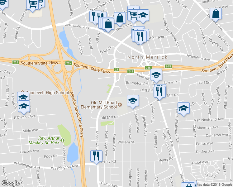 map of restaurants, bars, coffee shops, grocery stores, and more near 1278 Lednam Court in Merrick