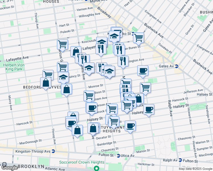 map of restaurants, bars, coffee shops, grocery stores, and more near 213 Stuyvesant Avenue in Brooklyn