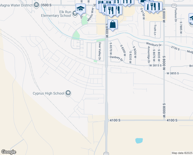 map of restaurants, bars, coffee shops, grocery stores, and more near 8468 West Meadow Bank Way in Magna