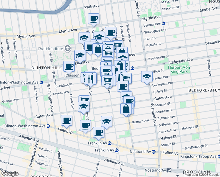 map of restaurants, bars, coffee shops, grocery stores, and more near 338 Greene Avenue in Brooklyn