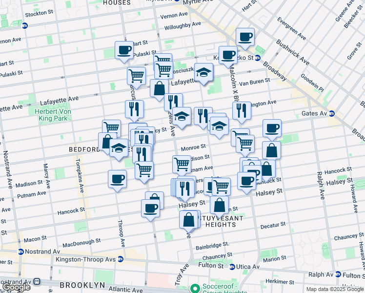 map of restaurants, bars, coffee shops, grocery stores, and more near 539 Monroe Street in Brooklyn