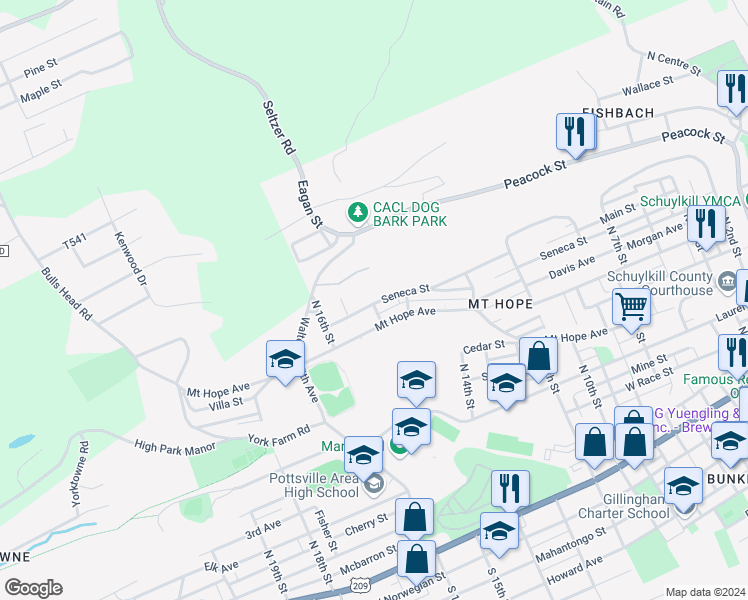 map of restaurants, bars, coffee shops, grocery stores, and more near 1426 Seneca Street in Pottsville