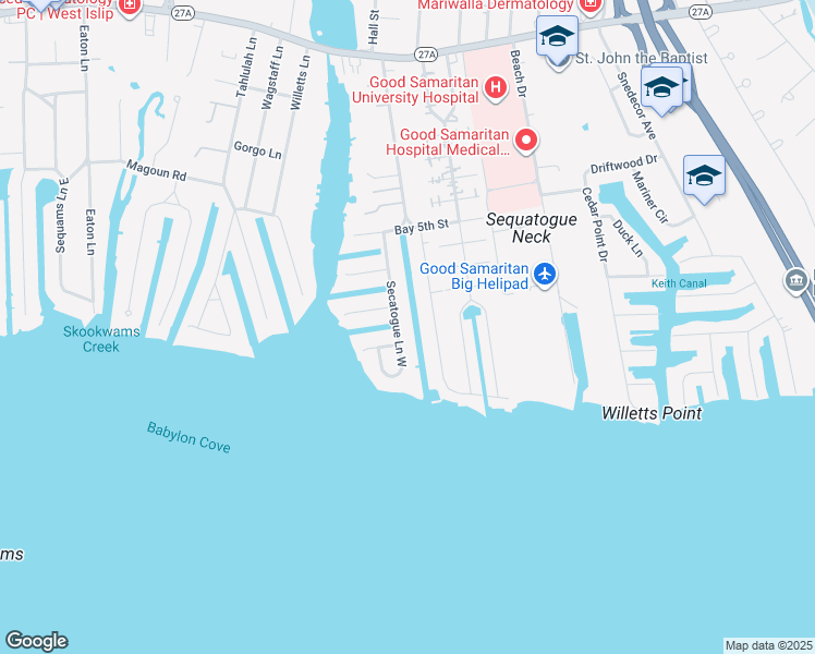 map of restaurants, bars, coffee shops, grocery stores, and more near 181 Secatogue Ln W in West Islip