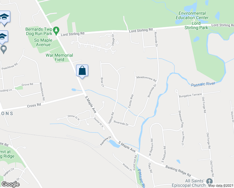 map of restaurants, bars, coffee shops, grocery stores, and more near 85 Hilltop Road in Bernards