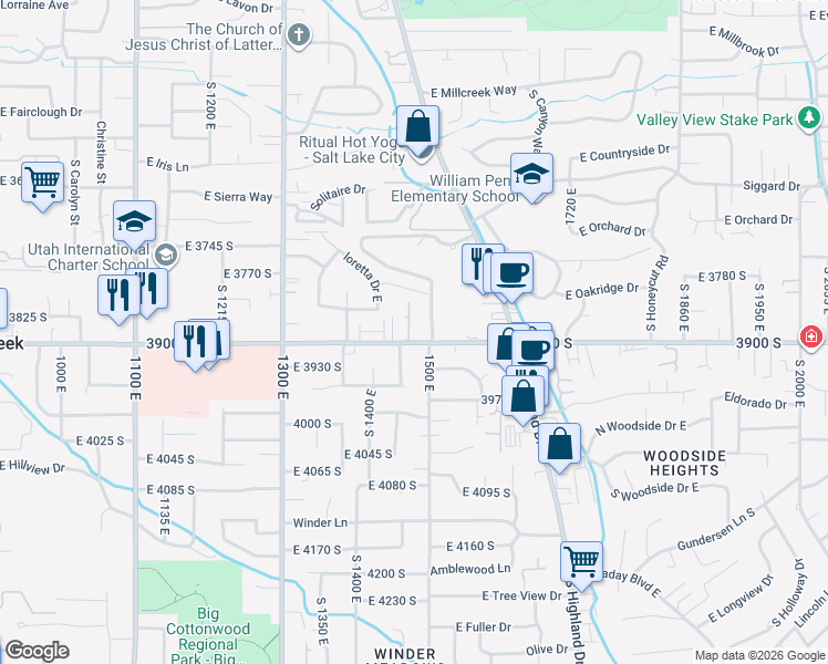 map of restaurants, bars, coffee shops, grocery stores, and more near 1485 East 3900 South in Millcreek