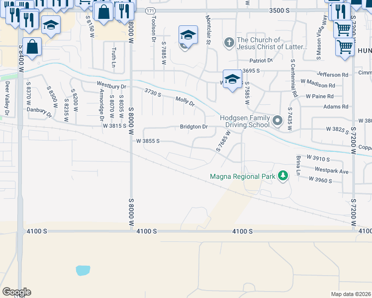 map of restaurants, bars, coffee shops, grocery stores, and more near 7797 West 3855 South in Magna