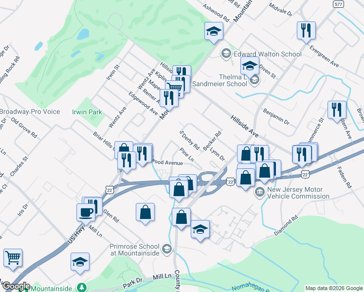 map of restaurants, bars, coffee shops, grocery stores, and more near 12 Pine Lane in Springfield Township