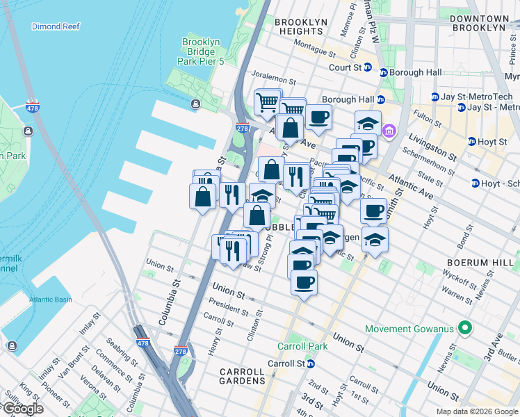 map of restaurants, bars, coffee shops, grocery stores, and more near 160 Baltic Street in Brooklyn