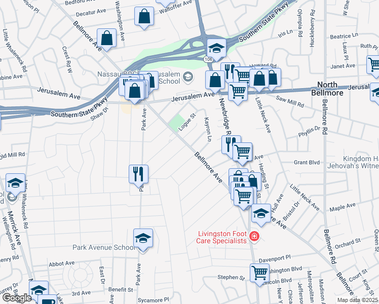 map of restaurants, bars, coffee shops, grocery stores, and more near 1350 Bellmore Avenue in North Bellmore