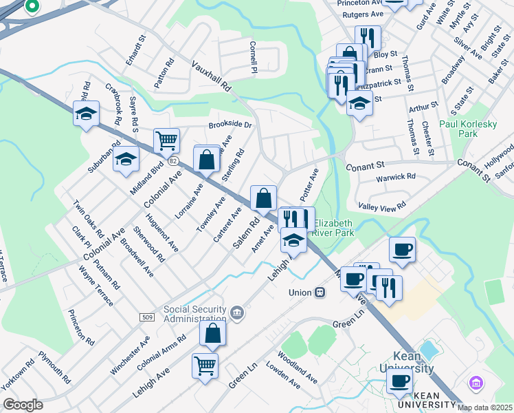 map of restaurants, bars, coffee shops, grocery stores, and more near 1307 Morris Avenue in Union