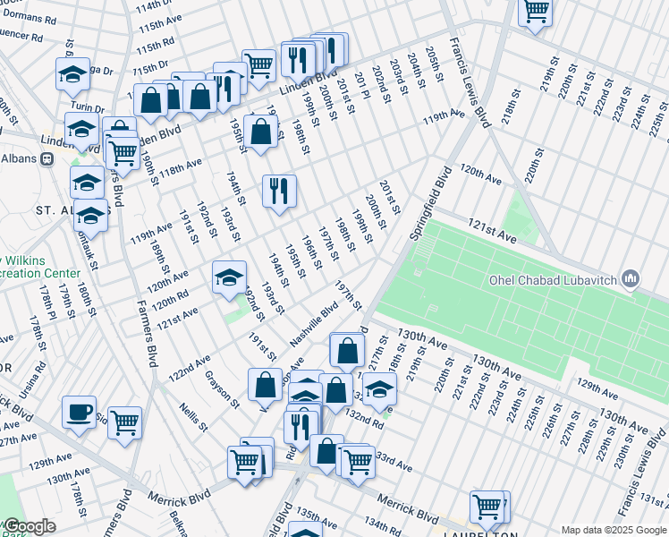 map of restaurants, bars, coffee shops, grocery stores, and more near 121-20 197th Street in Queens