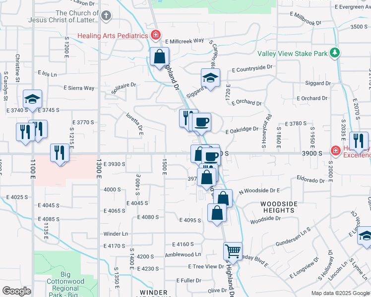 map of restaurants, bars, coffee shops, grocery stores, and more near 1587 East 3900 South in Salt Lake City