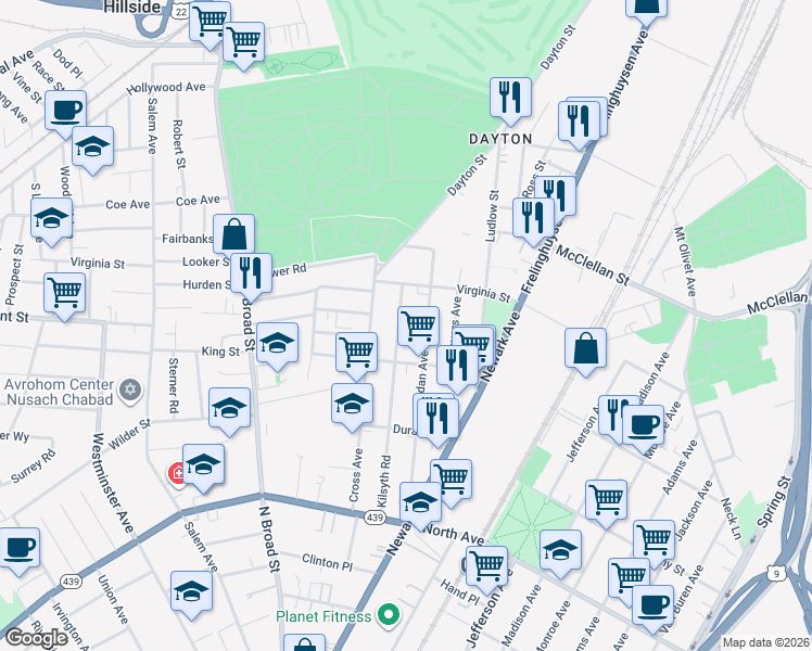 map of restaurants, bars, coffee shops, grocery stores, and more near 1030 Sheridan Avenue in Elizabeth
