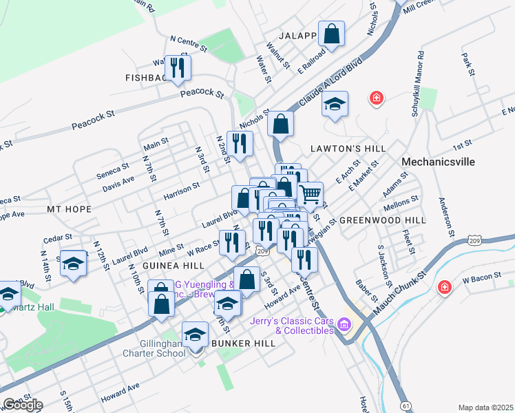 map of restaurants, bars, coffee shops, grocery stores, and more near 325 North Centre Street in Pottsville