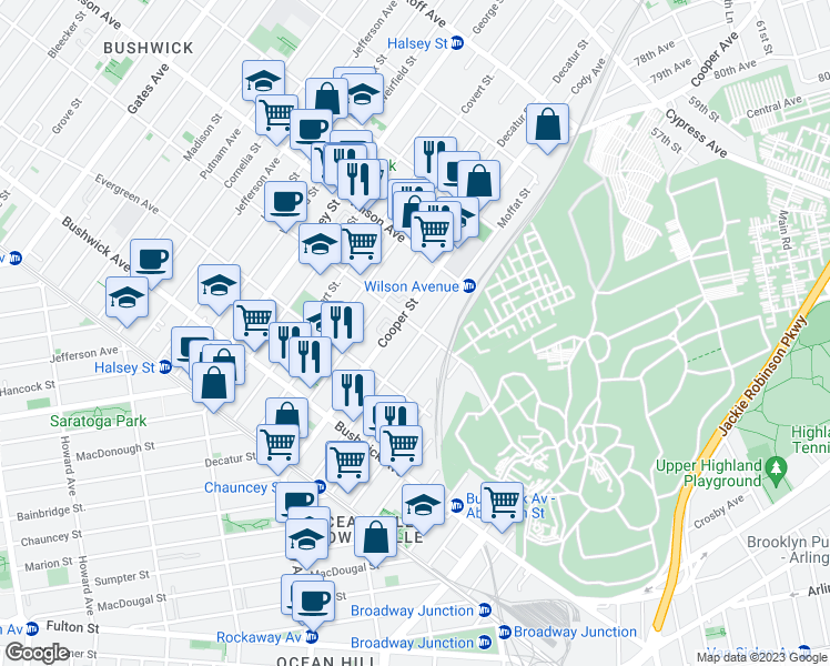 map of restaurants, bars, coffee shops, grocery stores, and more near 684 Central Avenue in Brooklyn