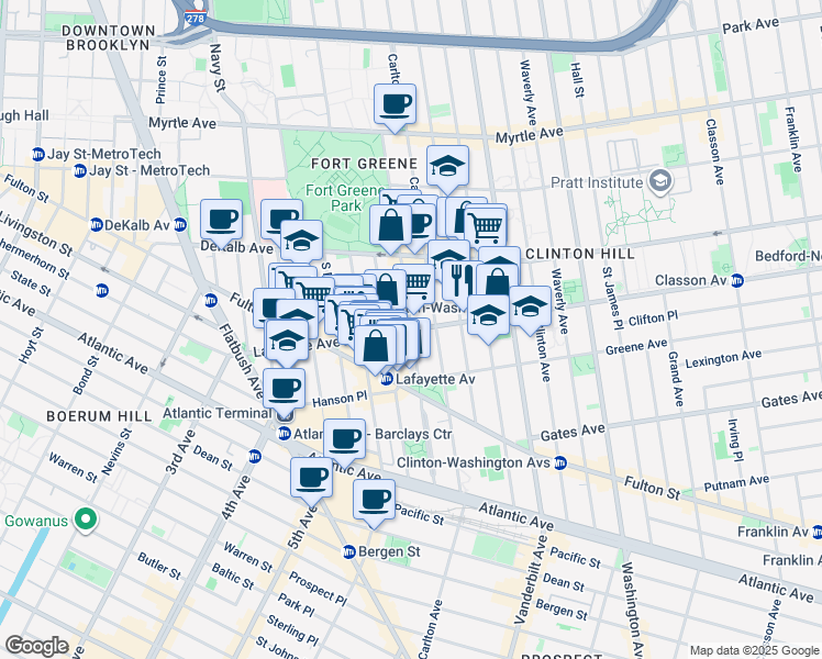 map of restaurants, bars, coffee shops, grocery stores, and more near Lafayette Ave & Cumberland St in Brooklyn