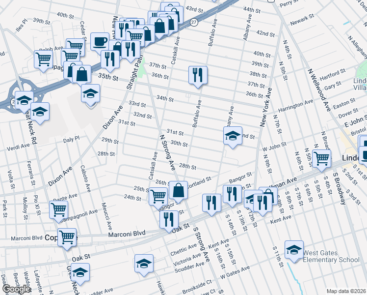 map of restaurants, bars, coffee shops, grocery stores, and more near 313 30th Street in Lindenhurst