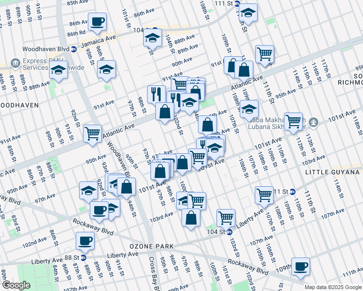 map of restaurants, bars, coffee shops, grocery stores, and more near 101-11 97th Avenue in Queens