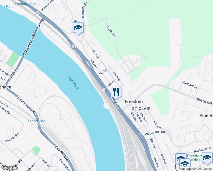 map of restaurants, bars, coffee shops, grocery stores, and more near 345 6th Street in Freedom