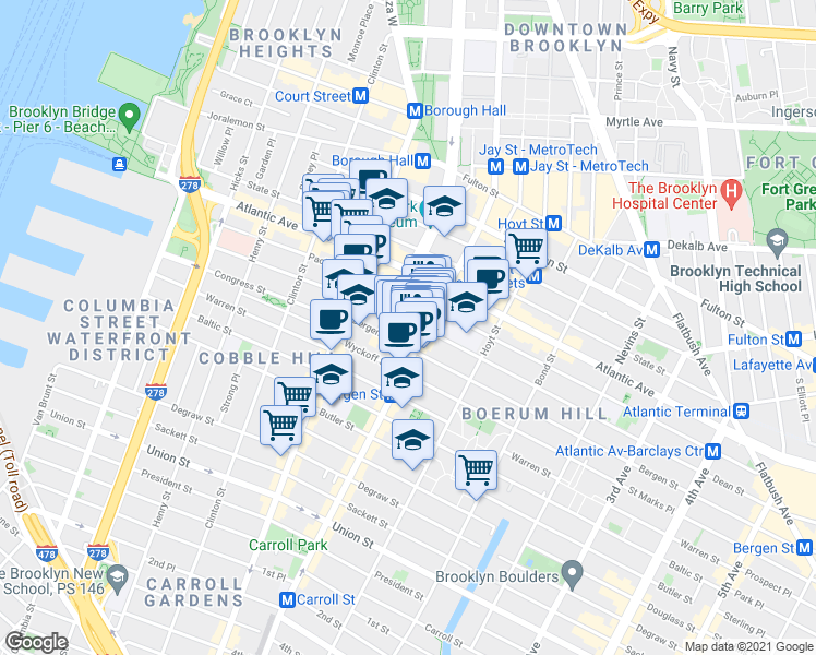 map of restaurants, bars, coffee shops, grocery stores, and more near 66 Dean Street in Brooklyn