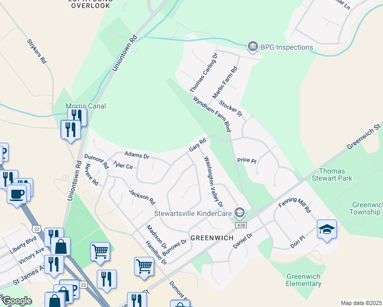 map of restaurants, bars, coffee shops, grocery stores, and more near 1083 Monroe Drive in Stewartsville