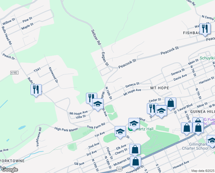 map of restaurants, bars, coffee shops, grocery stores, and more near 825 North 16th Street in Pottsville