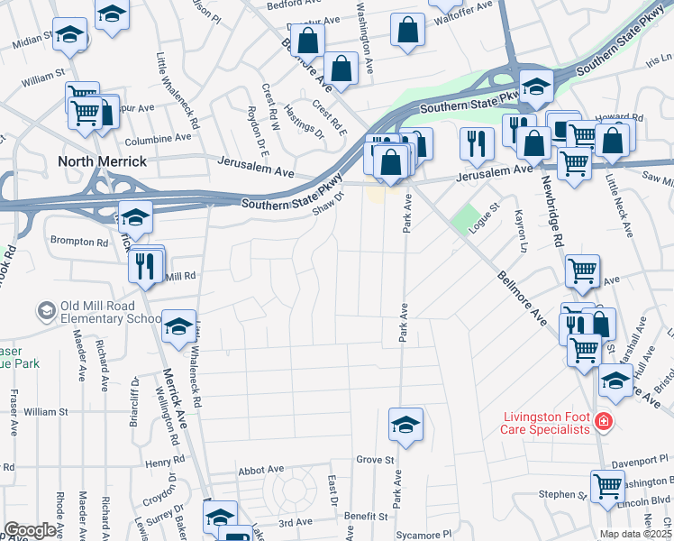 map of restaurants, bars, coffee shops, grocery stores, and more near Whittier Avenue in North Merrick