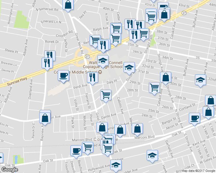 map of restaurants, bars, coffee shops, grocery stores, and more near 385 Verrazano Avenue in Copiague