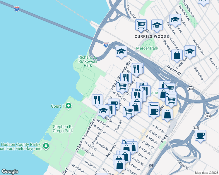 map of restaurants, bars, coffee shops, grocery stores, and more near 147 West 52nd Street in Bayonne