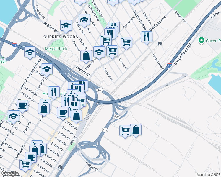 map of restaurants, bars, coffee shops, grocery stores, and more near 1 Gates Avenue in Jersey City