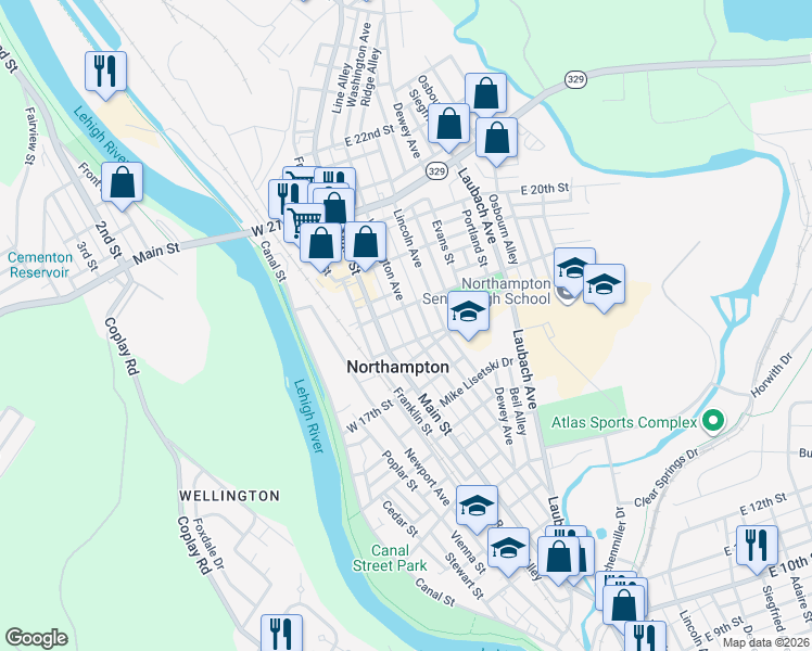 map of restaurants, bars, coffee shops, grocery stores, and more near 1740 Washington Avenue in Northampton