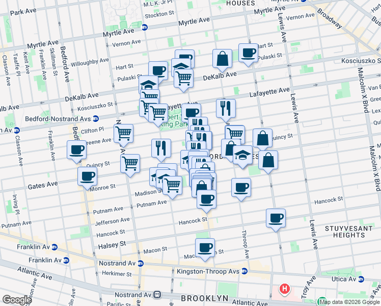 map of restaurants, bars, coffee shops, grocery stores, and more near 386 Quincy Street in Brooklyn