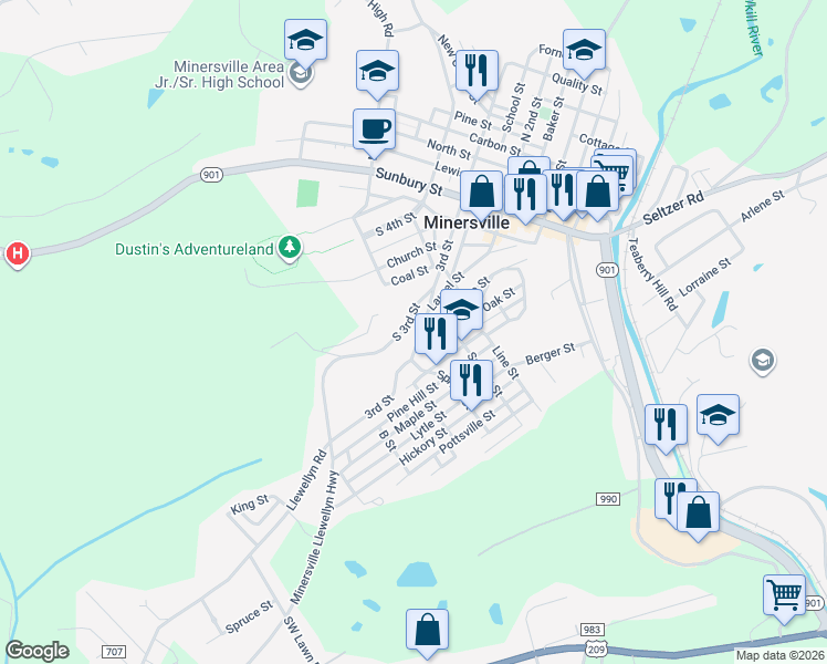 map of restaurants, bars, coffee shops, grocery stores, and more near 430 Laurel Street in Minersville