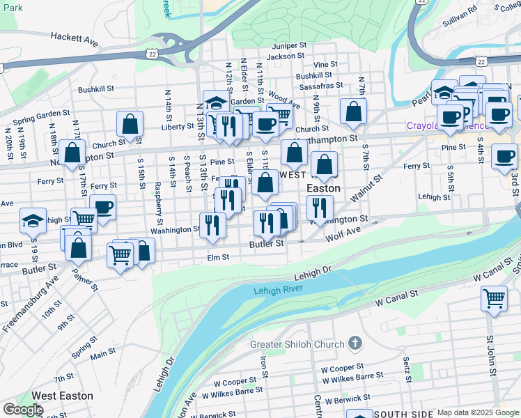 map of restaurants, bars, coffee shops, grocery stores, and more near 1110 Lehigh Street in Easton