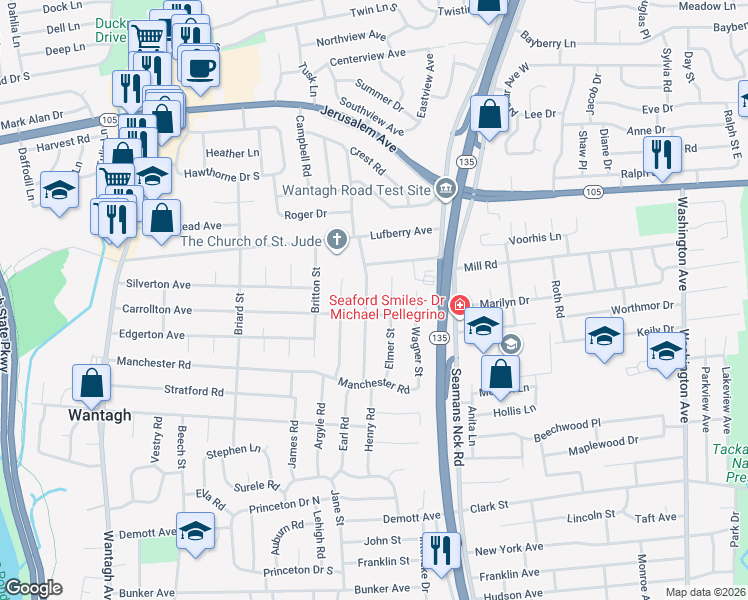 map of restaurants, bars, coffee shops, grocery stores, and more near 1421 Gaston Street in Wantagh